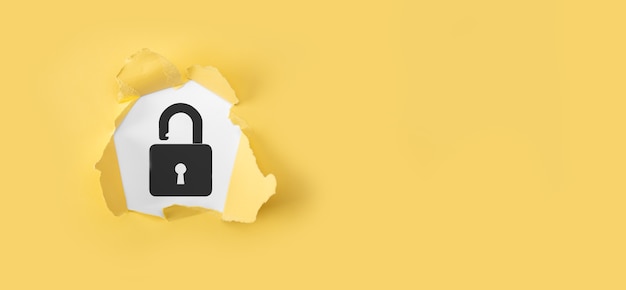 Photo cyber security network. padlock icon and internet technology networking. data protection privacy concept. gdpr. eu. torn yellow paper with question mark on white background.