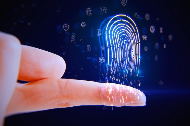 Photo cyber security and scan user concept with digital blue fingerprint made of coding numbers above human finger on abstract dark background with social network icons