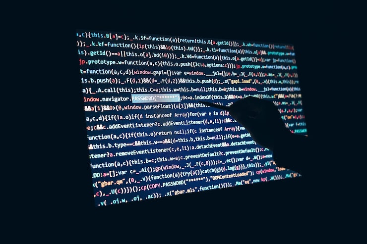 Photo 컴퓨터와 프로그래밍을 사용하여 코드를 해독하는 프로그램 코드를 가진 사이버 보안 스크린 사이버 공격