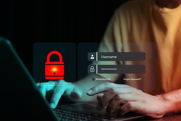 Cyber security and Security password login online concept Hands typing and entering username and password of social media log in with smartphone to an online bank account data protection hacker