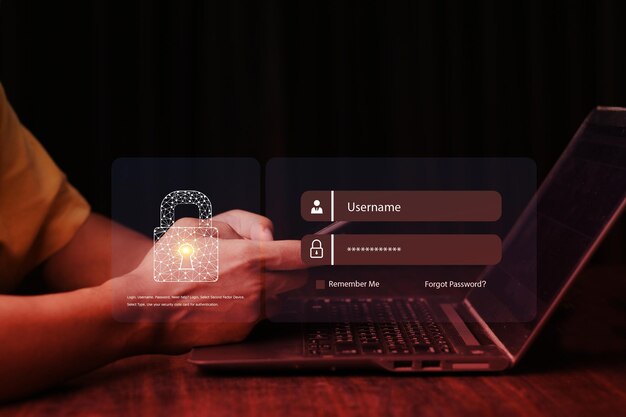 Photo cyber security and security password login online concept hands typing and entering username and password of social media log in with smartphone to an online bank account data protection hacker