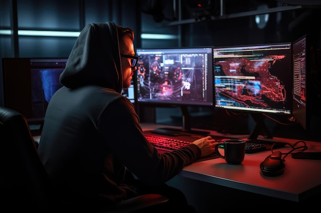 Cyber security specialist using computer preventing hacking