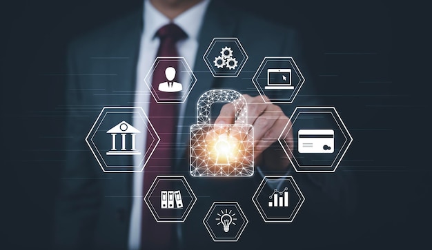 cyber security systems data protection computer programmers using modern computers with digital padlocks and cyber security networks data encryption security with digital technology safety