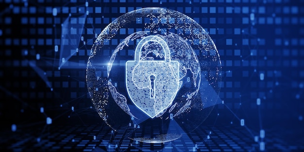 Cyber security and world protection concept with digital pad lock and world map globe in sphere on abstract dark blue background 3D rendering