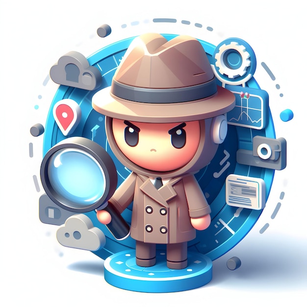 Cyber Sleuth concept as Detective Icons in a Digital World with white background and isolated cute c