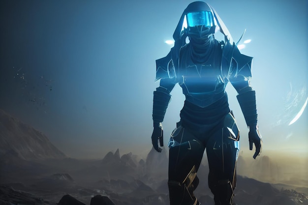 Cyber soldier cyan and silver lunartechpunk techlight armor Futurist fantastic illustration AI Generated Art