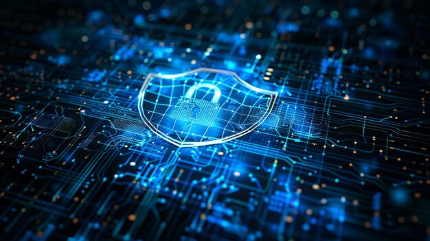 Photo cyber threat alert network security shield circuit board image