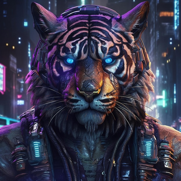 Photo cyber tiger with glowing eyes and a futuristic suit generative ai