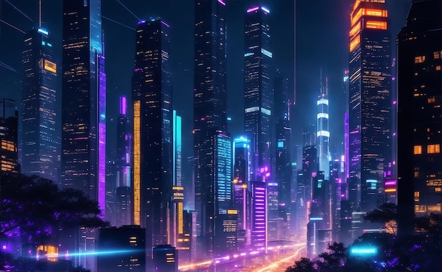 Cyber-toekomst stadsbeeld 's nachts Generatieve AI illustratie
