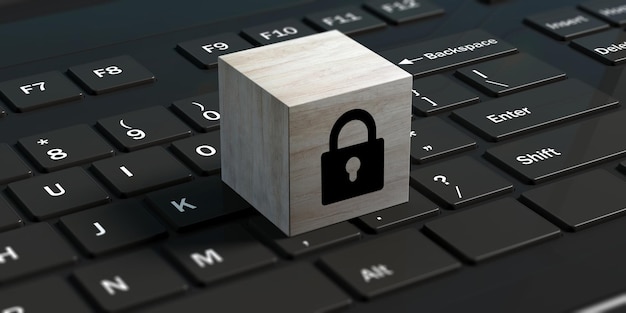 Cyber veiligheidsconcept Slot op een kubus op een zwarte laptop 3d illustratie
