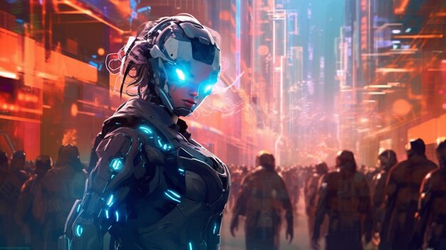 Cyber vrouw in futuristische stad met menigte van mensen generatieve ai