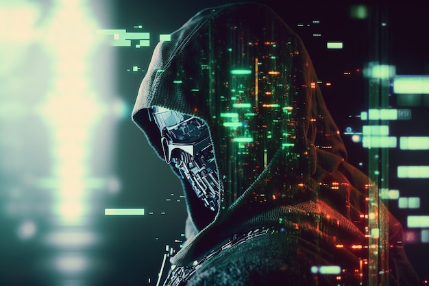 Cyber war hacker in abstract hologram futuristic hacker cyberpunk anonymous generative ai