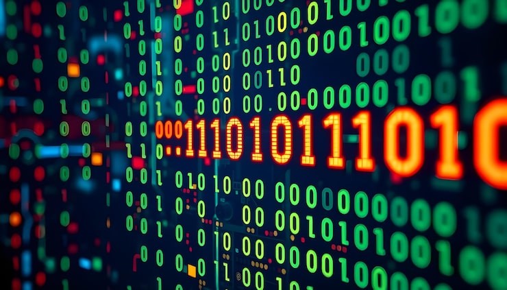 Photo cyber with binary code matrix background with digits programming code abstract technology background
