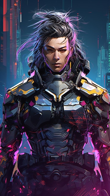 cyber woman in futuristic suit standing in front of a city generative ai