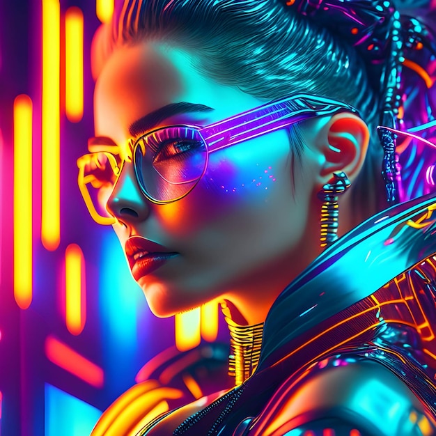 Photo cyber woman portrait futuristic neon style ai generative