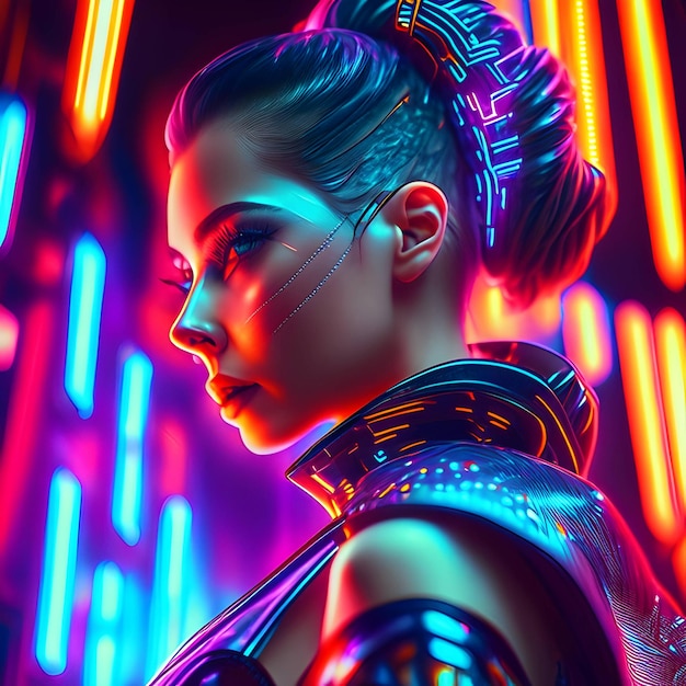 Photo cyber woman portrait futuristic neon style ai generative