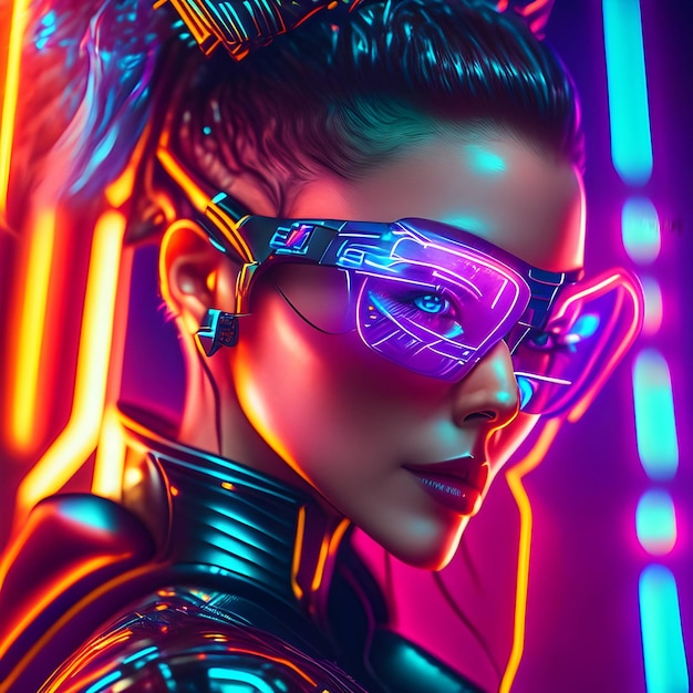 Photo cyber woman portrait futuristic neon style ai generative