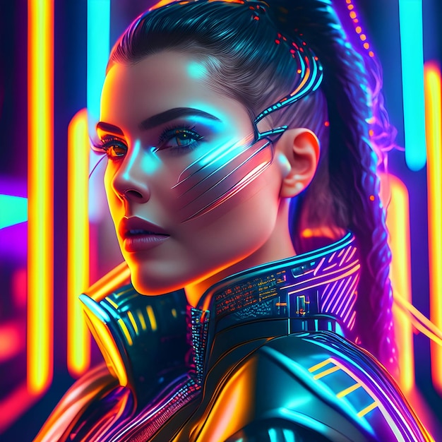 Photo cyber woman portrait futuristic neon style ai generative