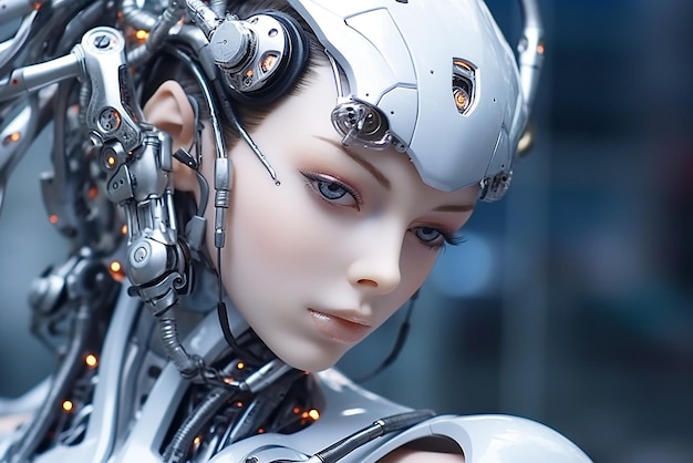 Cyber woman robot girl cyborg woman portrait closeup