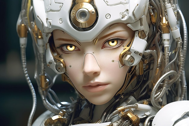 Cyber woman robot girl cyborg woman portrait closeup