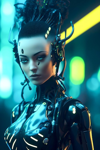 Cyber women goth neon punk robot android girl frontal view portrait AI Generated