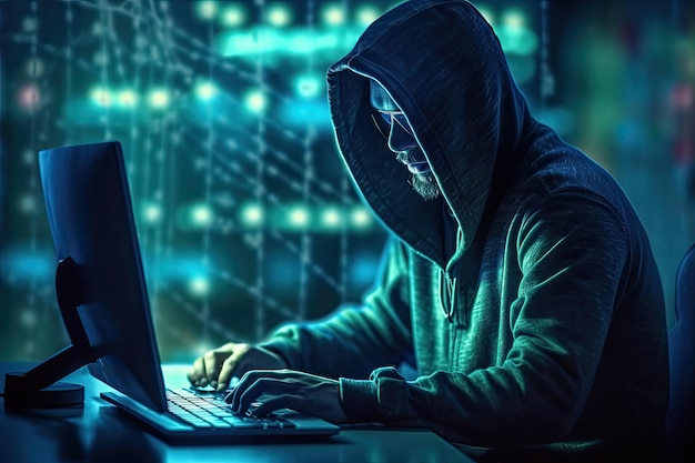 Cyberaanval met onherkenbare gehude hacker.