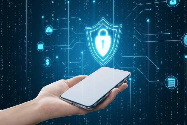 Cyberbeveiliging en gegevensbescherming concept Hand met smartphone met hangslotpictogram op blauwe achtergrond