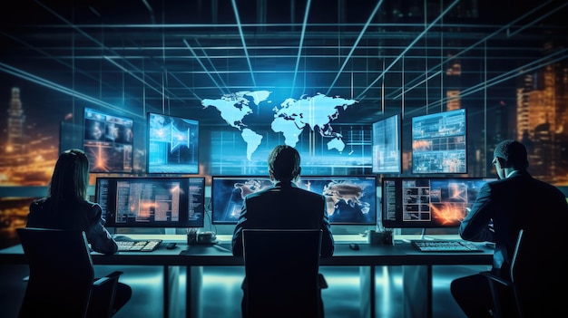 Foto cyberbeveiliging en spionage door een beeld te creëren van professionals in een hightech controlecentrum dat mondiale digitale dreigingen in de gaten houdt