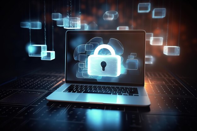 Cyberbeveiliging gegevensbescherming cyberaanvallen concept op blauwe achtergrond