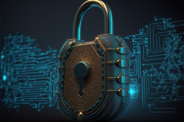 Cyberbeveiliging hangslot, digitaal slot op technologie netwerk gegevensbescherming achtergrond