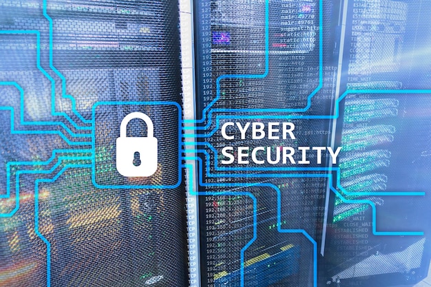 Cyberbeveiligingsinformatie privacy en gegevensbeschermingsconcept op serverruimteachtergrond