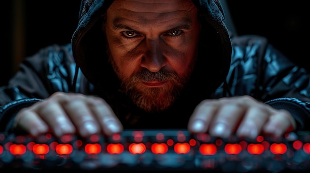 Photo cybercrime concept close up of a hacker in a hood on a computer keyboard