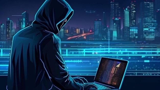 Cybercriminaliteit Illustratie van een computerhacker die een laptop gebruikt Stadsscène Binaire code hacken GENERATE AI