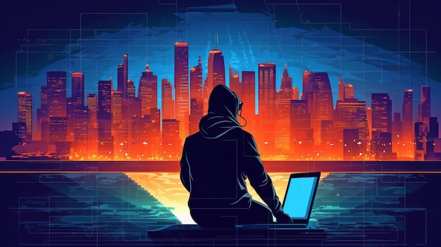 Cybercriminaliteit Illustratie van een computerhacker die een laptop gebruikt Stadsscène Binaire code hacken GENERATE AI