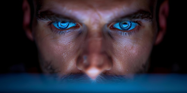 साइबर-केंद्रित नेट रनर तेजी से कीबोर्ड पर टाइप करता है आँखें स्क्रीन पर टिकी होती हैं जो साइबरस्पेस को नेविगेट करती हैं अवधारणा साइबरपंक नेट रनर कीबोर्ड टाइपिंग नेविगेटिंग साइबरस्पेस तकनीकी इंटरफेस