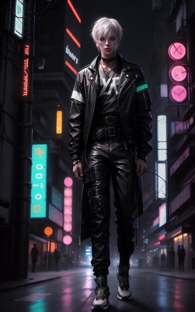 Foto cyberman futuristische cyberpunk achtergrond cyber anime knappe jongen