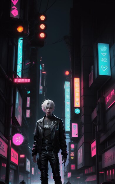 Foto cyberman futuristische cyberpunk achtergrond cyber anime knappe jongen