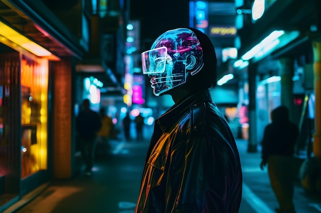 Cyberman in de neonstad van de toekomst Neuraal netwerk AI gegenereerd