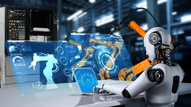 Cybernated industrierobot en robotarmen voor assemblage in de fabrieksproductie