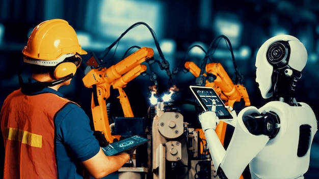 Foto robot industriale cibernato e lavoratore umano che lavorano insieme nella futura fabbrica concetto di intelligenza artificiale per la rivoluzione industriale e il processo di produzione di automazione