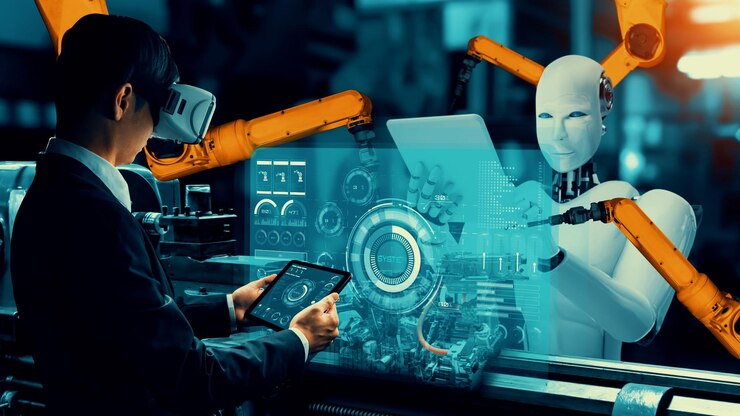 Cybernated industry robot and human worker working together in future factory