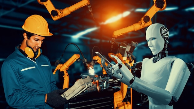 Cybernated industry robot and human worker working together in future factory