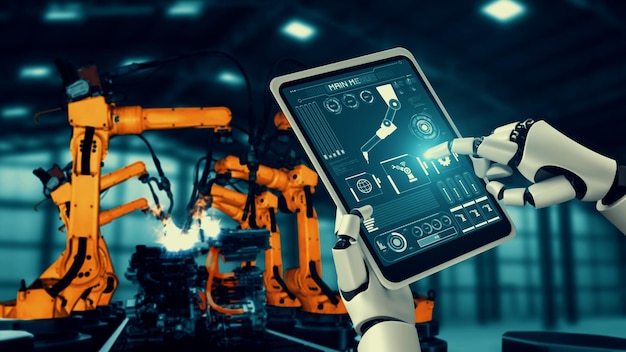 工場生産における組み立て用のサイバー化された産業用ロボットとロボット アーム産業革命と自動化製造プロセスのための人工知能の概念