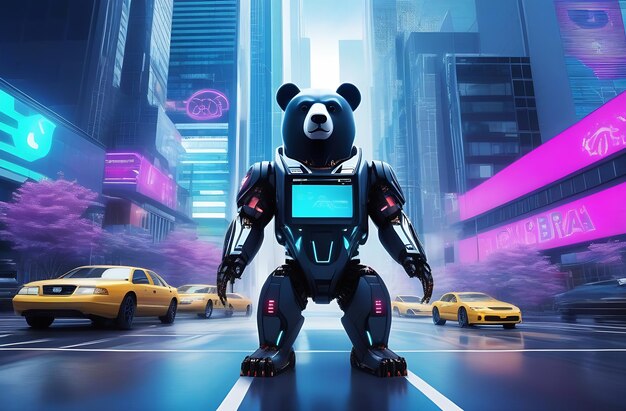 The cybernetic bear looks sternly and carefully with a stern gaze