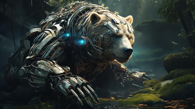 Cybernetic bear with armored plating wandering in a virtual wilderness