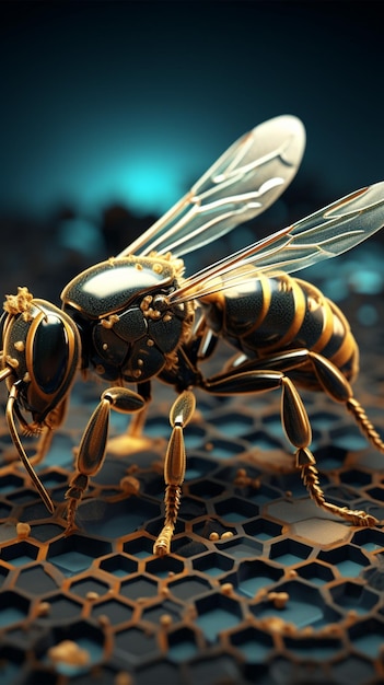 Cybernetic bee on honeycomb background
