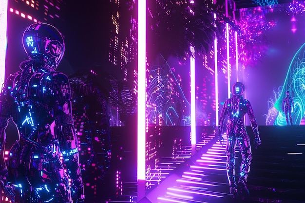 Foto esseri cibernetici che coesistono in una metropoli illuminata al neon