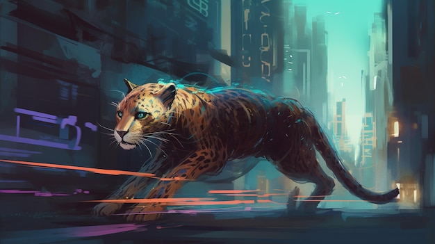 A cybernetic cheetah chasing down a criminal Fantasy concept Illustration painting Generative AI