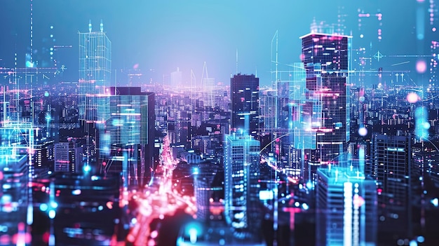Кибернетический город Антидизайн корпорация прогресс искусство абстрактная голограмма небоскреб киберпанк хакерство виртуальная реальность матрица футуризм