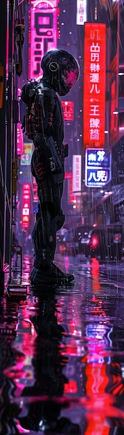 Cybernetic creature biomechanical features created for security patrolling a neonlit cityscape at night rain pouring down digital neon lights reflecting off wet pavement photography rim lighting